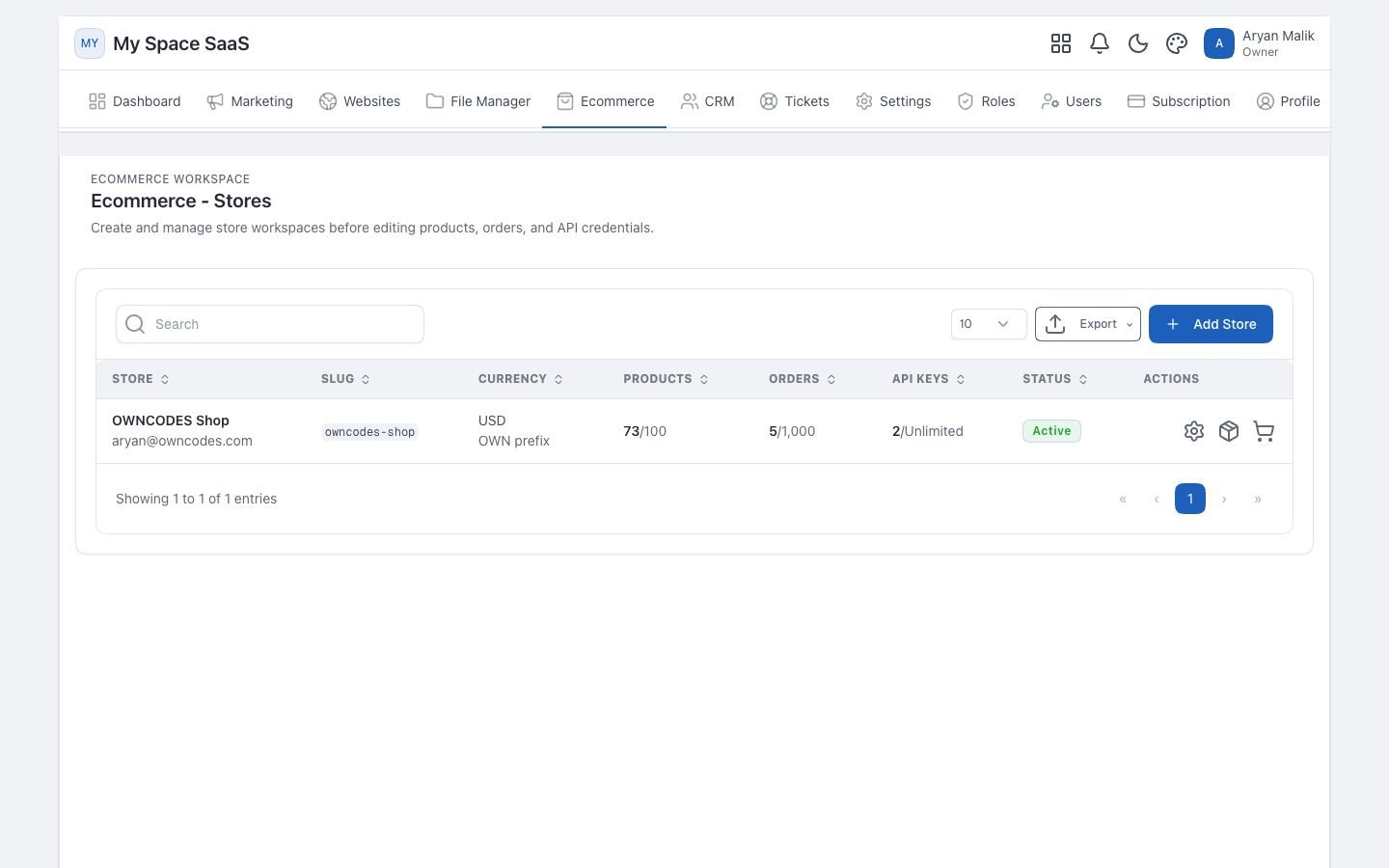 MarketHub Suite Ecommerce stores table with product, order, and API usage