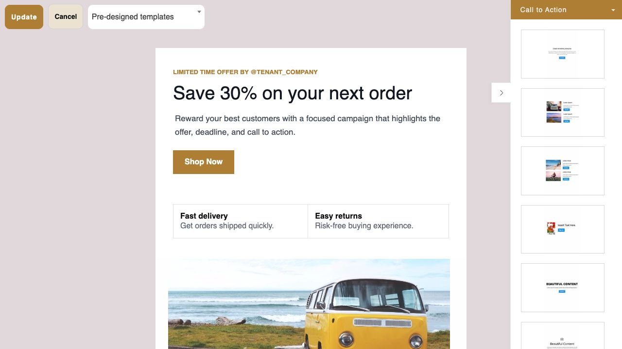 MarketHub Suite drag-and-drop email template builder with editable campaign content blocks
