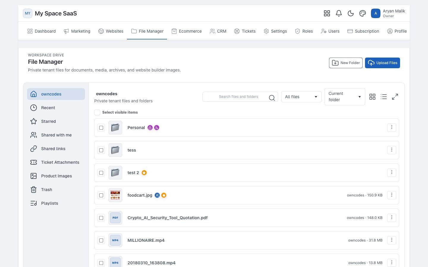 MarketHub Suite File Manager workspace with private folders and files