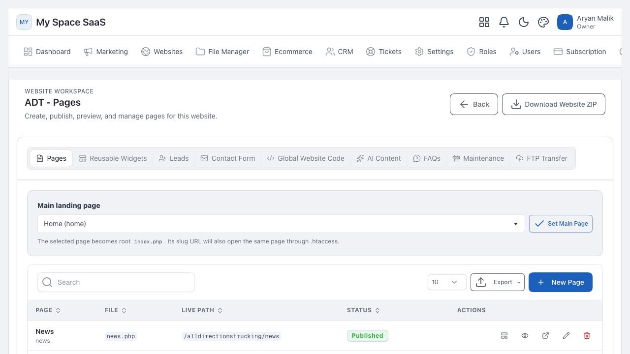 MarketHub Suite website workspace for creating pages and publishing website output